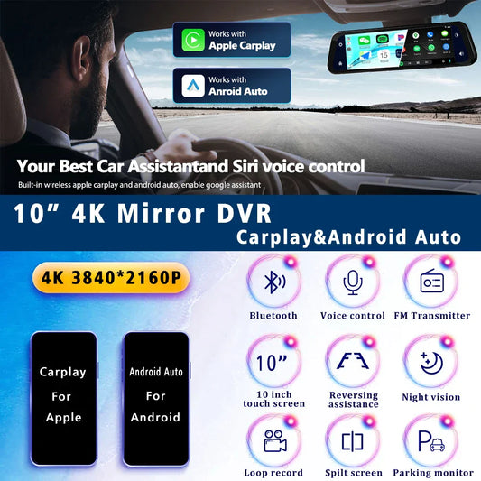 10" Dash Cam – 4K Rear View Mirror DVR with CarPlay & Android Auto